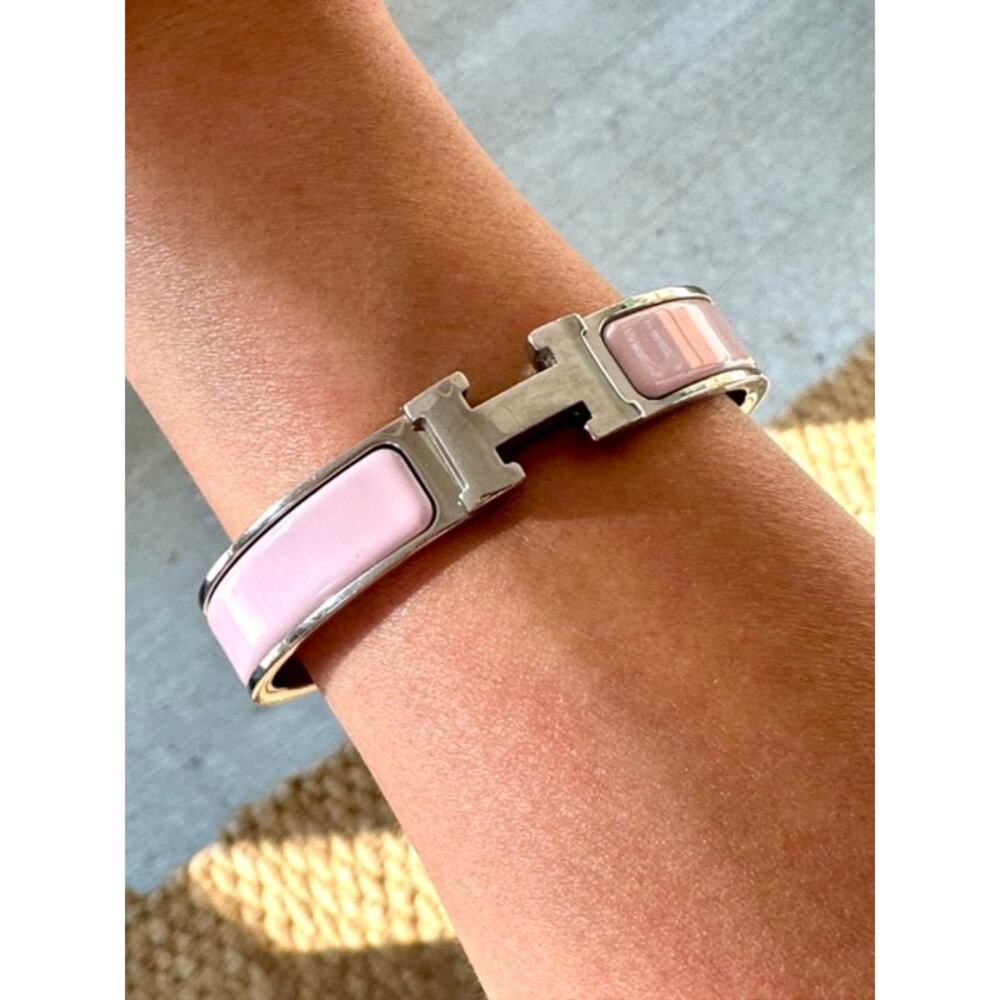Hermes Clic H Enamel Bangle Bracelet - Pink & Silver